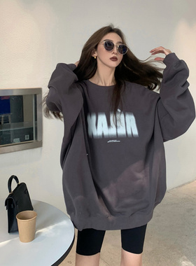速发灰色无帽卫衣炸街hiph绒p情加大码外套秋冬侣o上衣