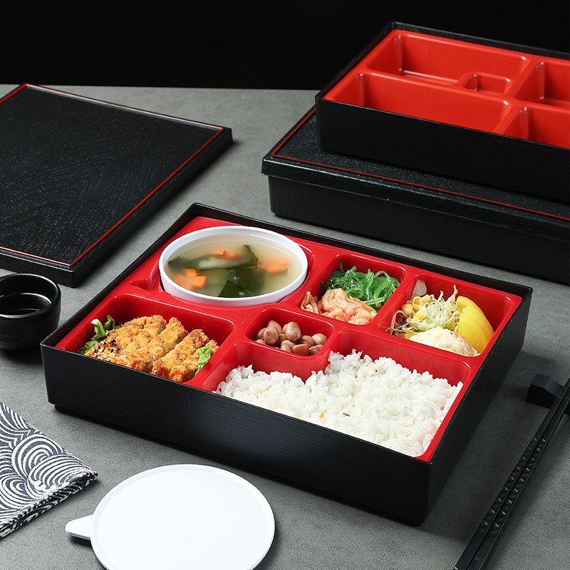 速发日式木纹便当盒塑料打包快餐饭盒加厚分格盘商务套餐外卖商用