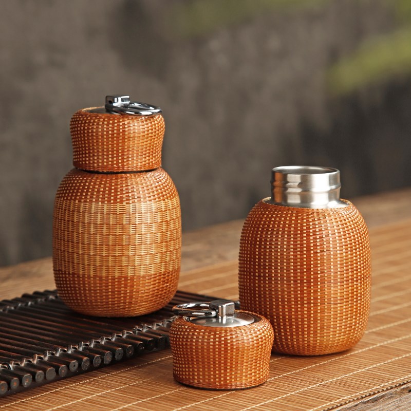 速发竹编丝扣保温杯焖茶壶04不锈钢热工复古手水壶迷你茶便杯携水