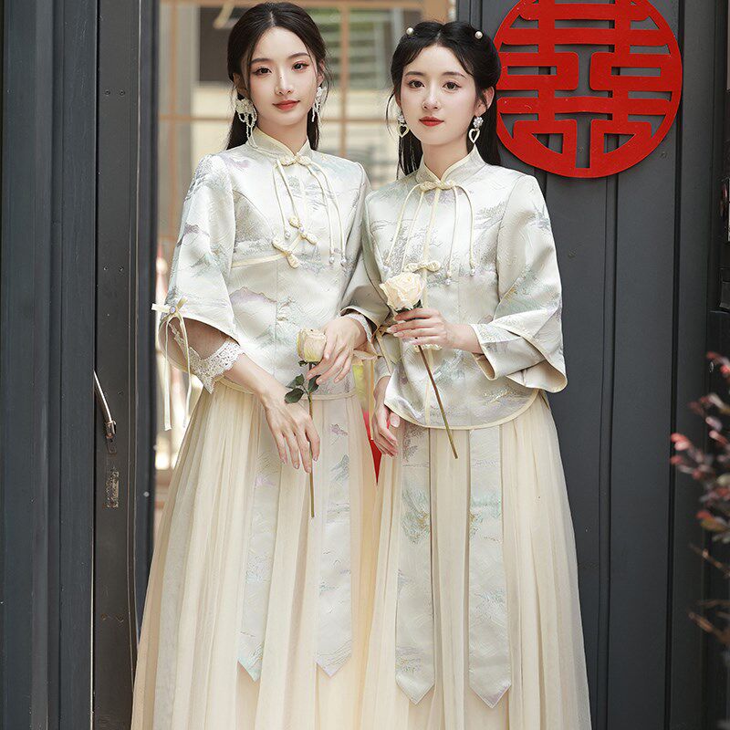 速发中式伴娘服冬季伴妹团姐娘裙服禾晚礼秀小个子遮肉高级感旗袍