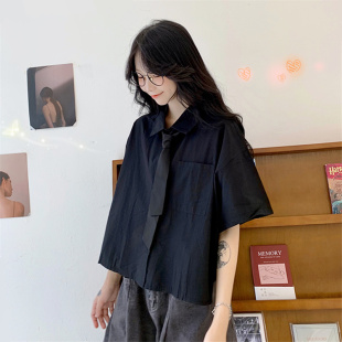 速发黑色jk夏复款 薄计感 领带小个子设古上衣短款