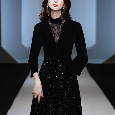 速发大码晚礼服2024新款宴会气质高级感黑色轻奢小众高端主持人艺