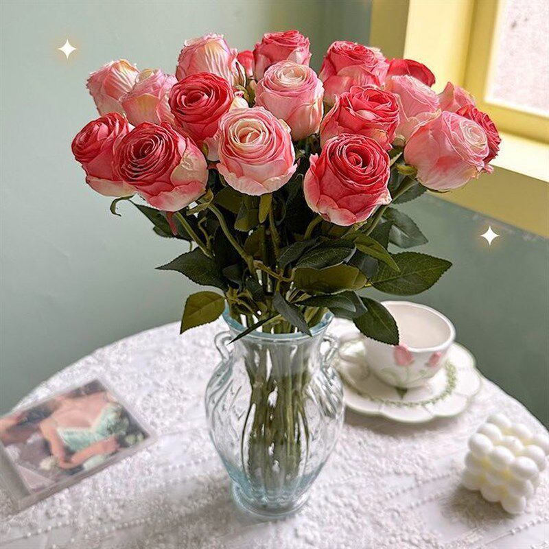速发荔枝玫瑰花假花摆设饰花烧边玫花瑰束客厅餐桌装干塑料花绢花