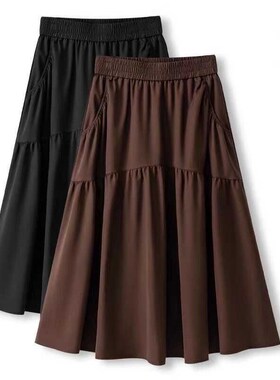 速发15裙小个子黑色半身裙新秋早款褶皱大摆伞0仙高腰a字中长裙