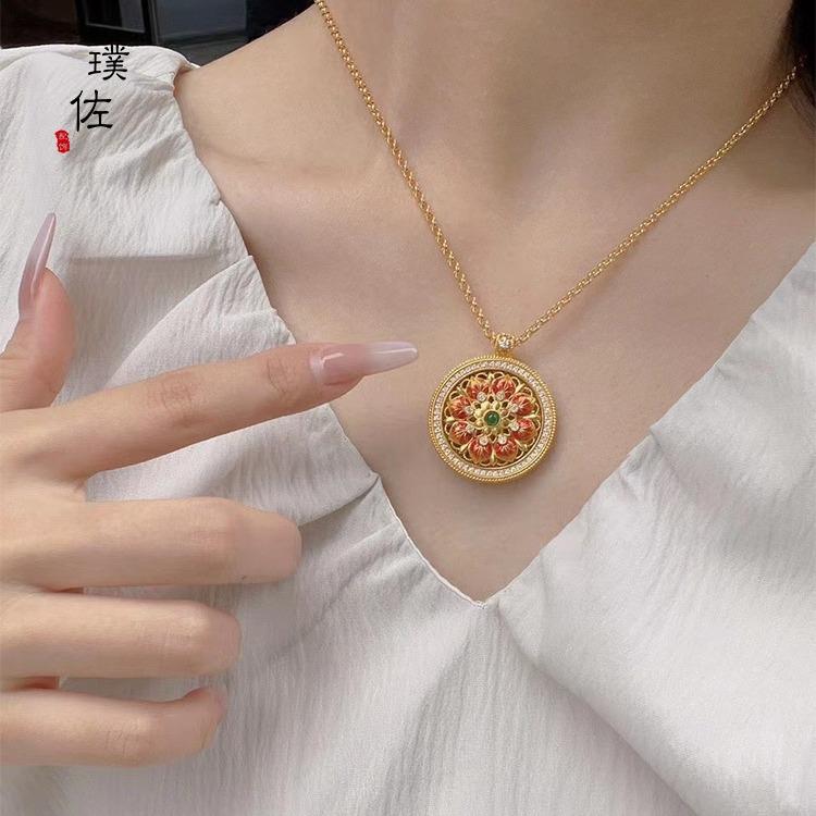 金店同款古法沙金八宝罗盘镶钻项链女可转动莲花毛衣颈链