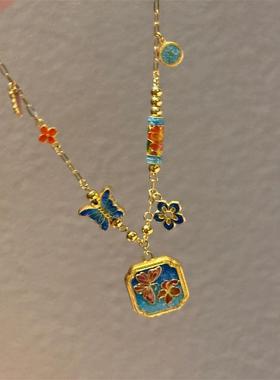 古法珐琅彩烧蓝蝴蝶项链轻奢小众高级感精致古风毛衣链女生日礼物