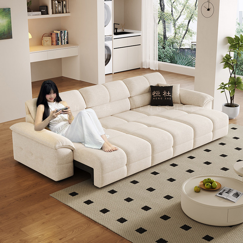 恒社奶油风雪尼尔电动功能沙发