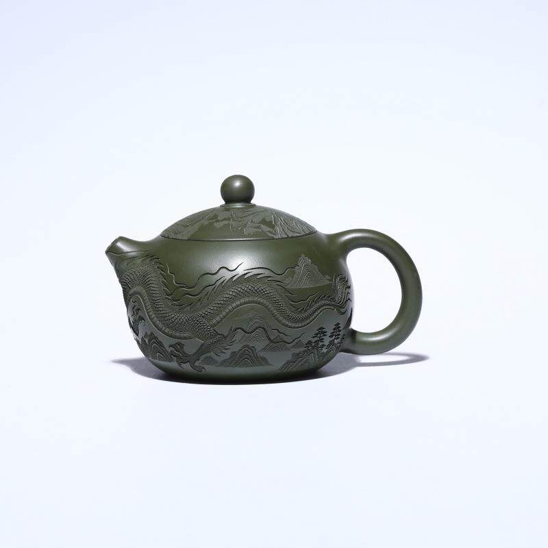 宜兴紫砂壶西原矿KZA绿泥名工刻绘游家龙施手精美茶壶茶具