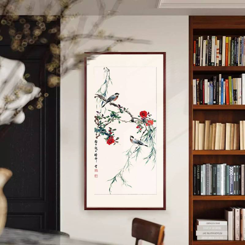 新中式入户玄关装饰画客厅办公室挂画颜伯龙春柳花鸟图画花卉壁画图片