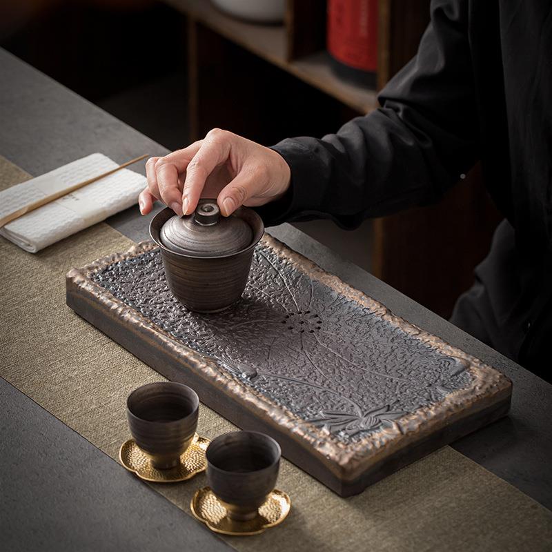 鎏盘金用铁釉老岩泥干泡古粗陶大号茶盘储水排复水茶台家fst24041