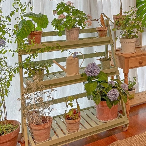 绿植置物架多肉花架子阳台多层落地式实木植物摆放架移动花架带轮