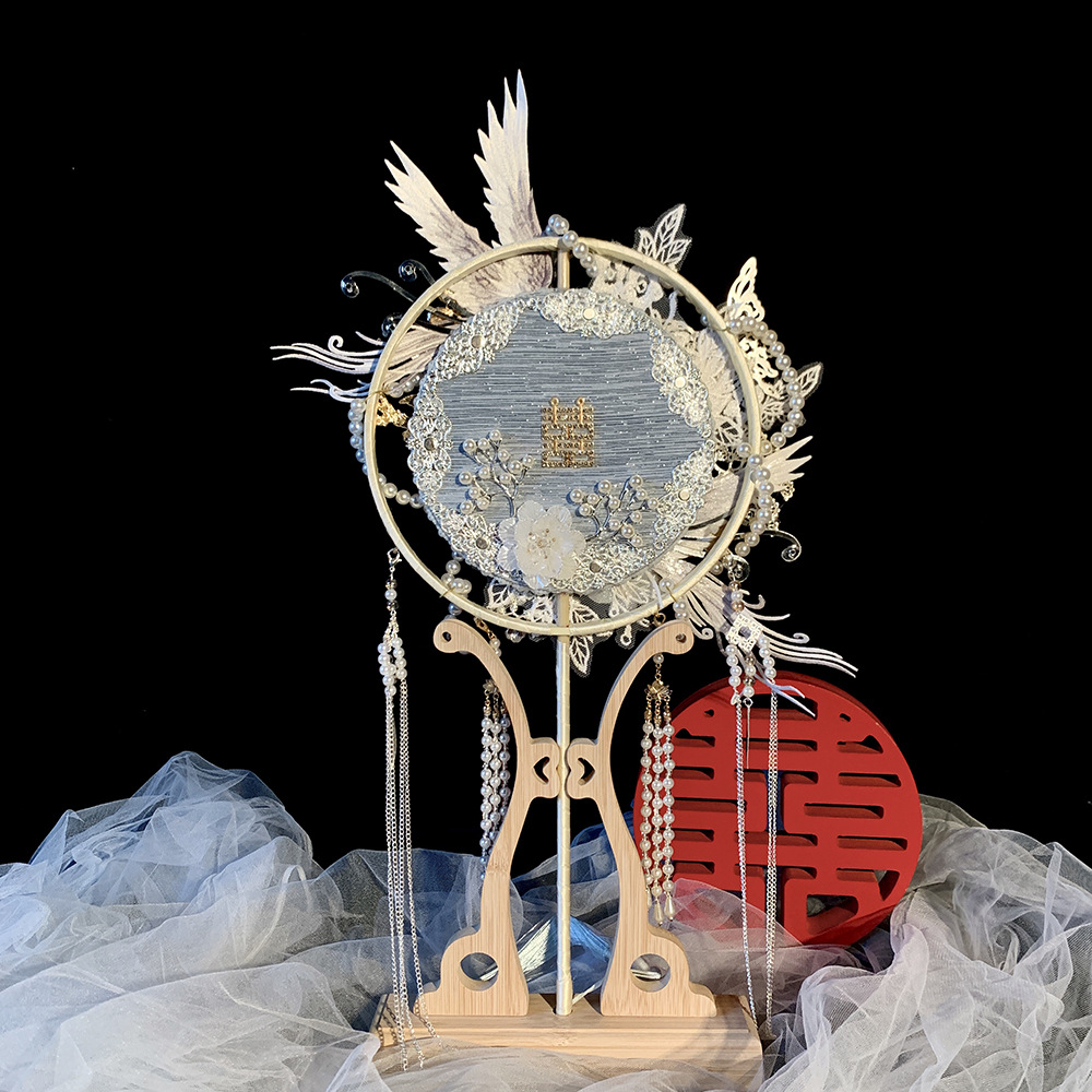 银蓝色新娘结婚团扇中式婚礼古风手工diy材料包成品双面秀禾喜扇