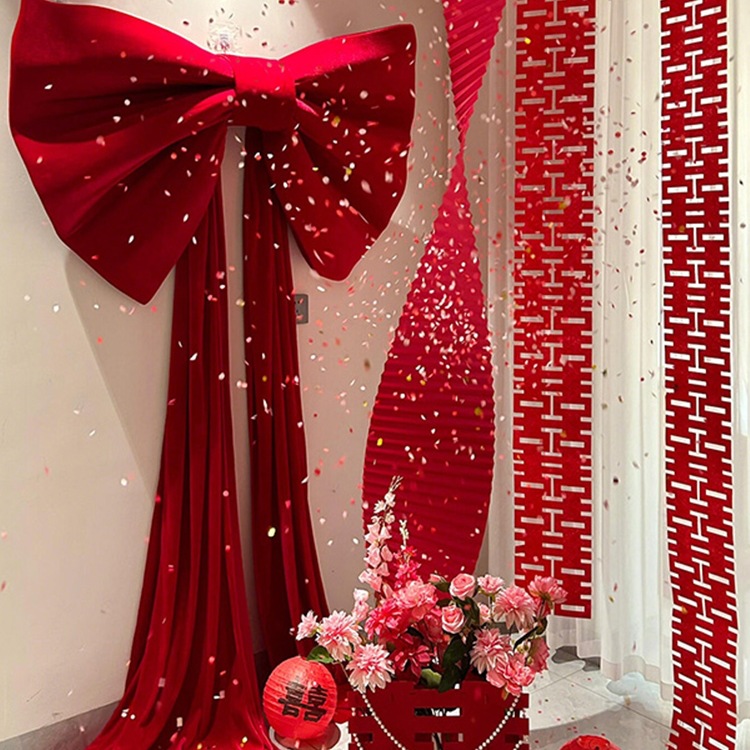 新款结婚装饰红绒蝴蝶结挂饰婚宴场景布置路引婚房布置背景墙