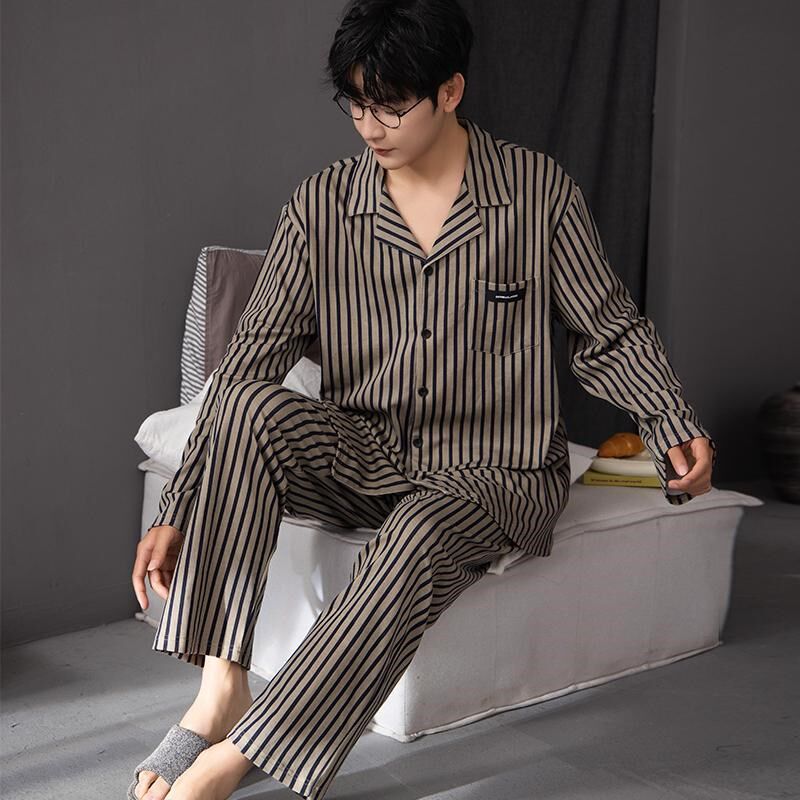速发简约睡衣男春秋款长袖时尚翻领条纹家居服男士开衫套装可外穿