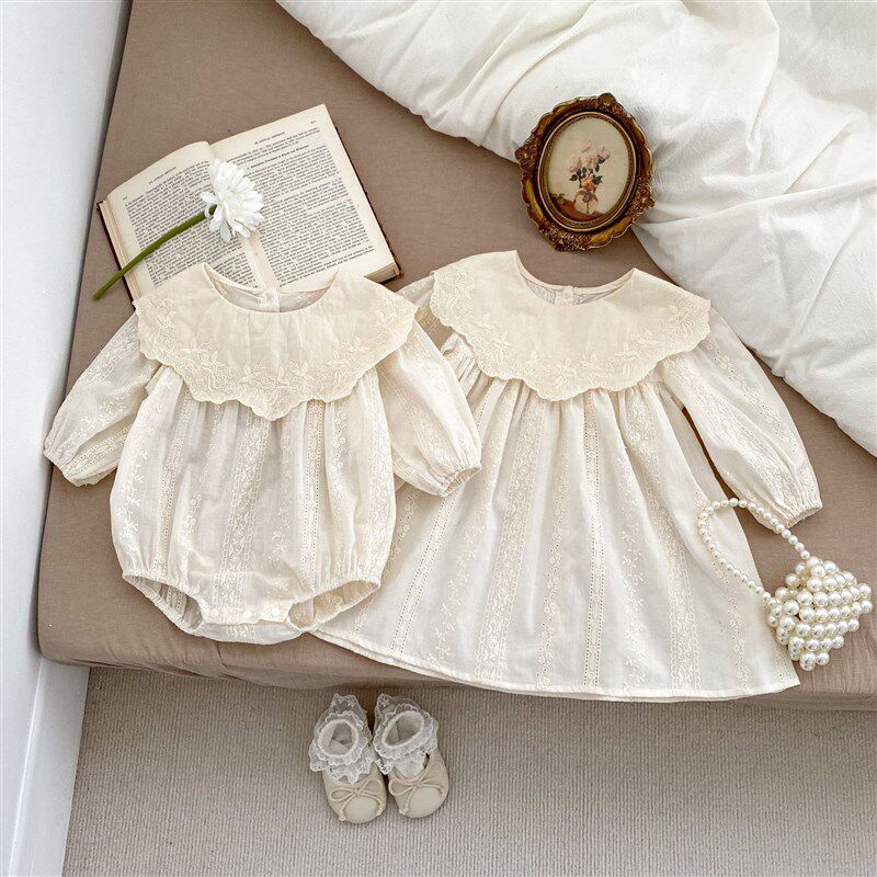 速发2024春季婴儿衣服洋气花朵刺绣哈衣宝宝大翻领长袖包屁衣姐妹