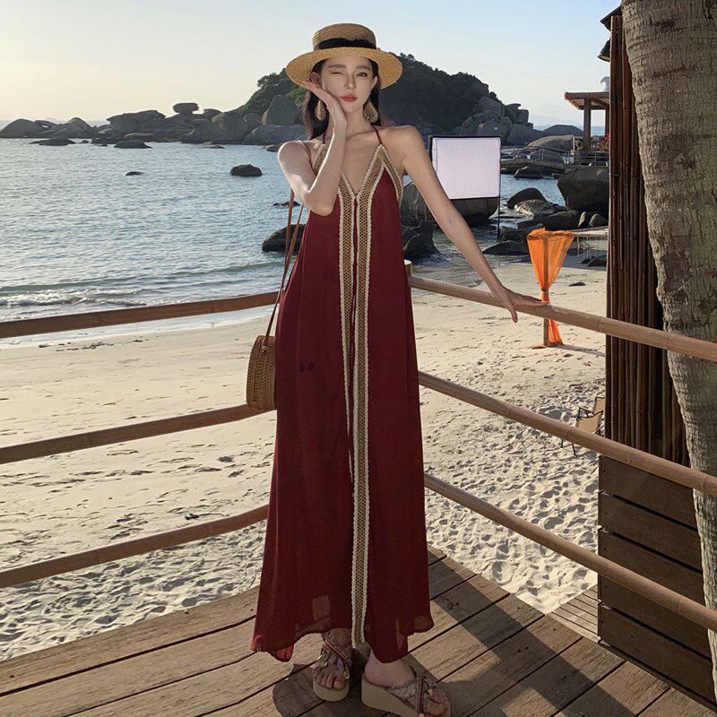 速发三亚旅游穿搭装沙漠拍照裙子海边度假泰式挂脖连衣裙露背沙滩