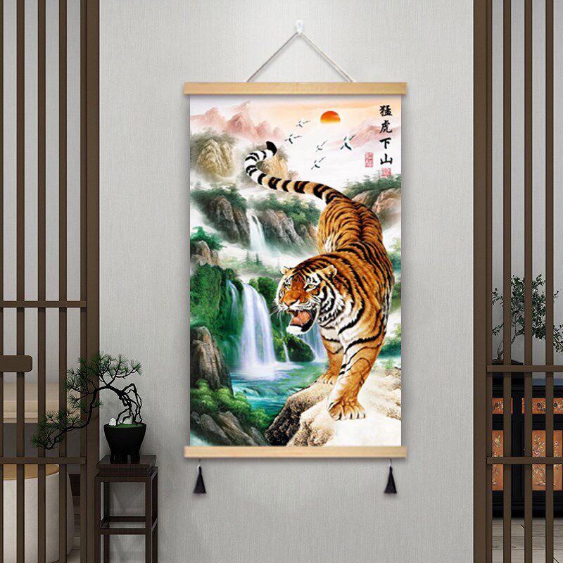 速发猛虎下山中式装饰画虎啸山林图入户玄关走廊卧虎背景遮挡挂画