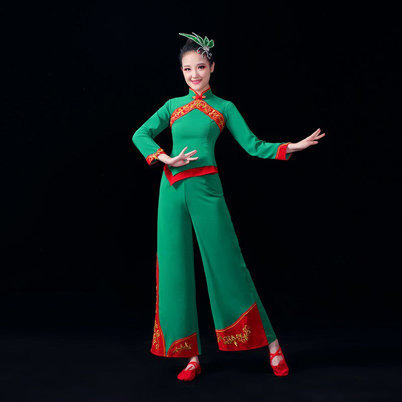 速发新款秧歌服广场舞绿色套装中国风扇子舞舞蹈服成人绣花民族
