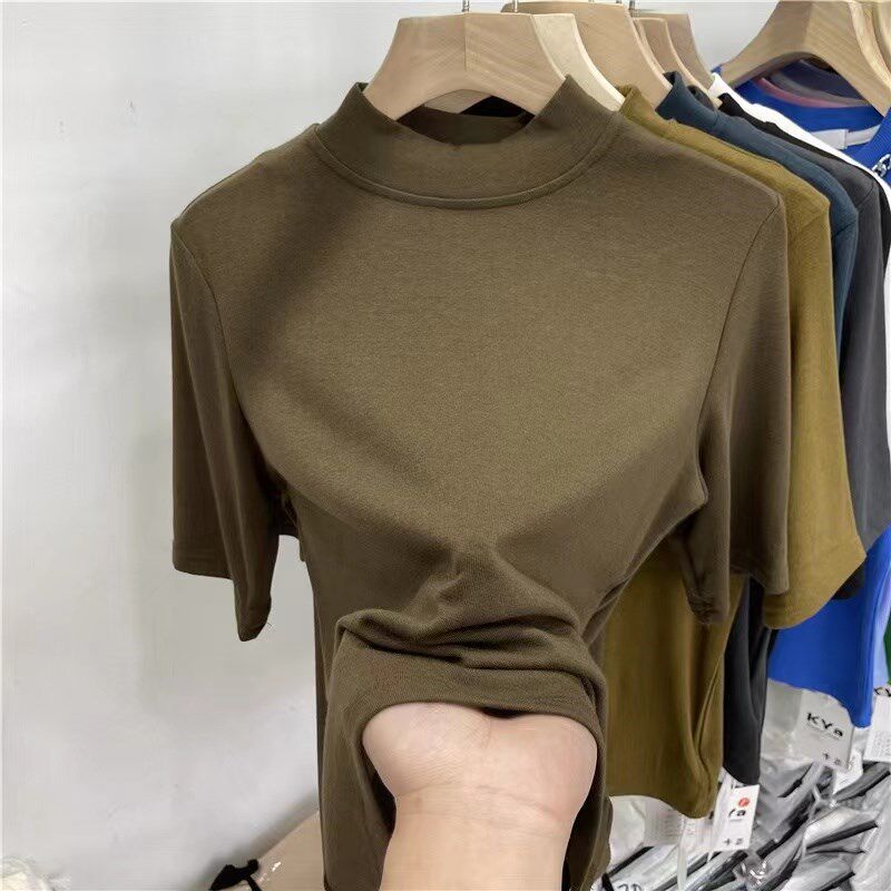 速发莫代尔欧货立领打底衫2024春秋大码五分袖T恤纯色百搭上衣