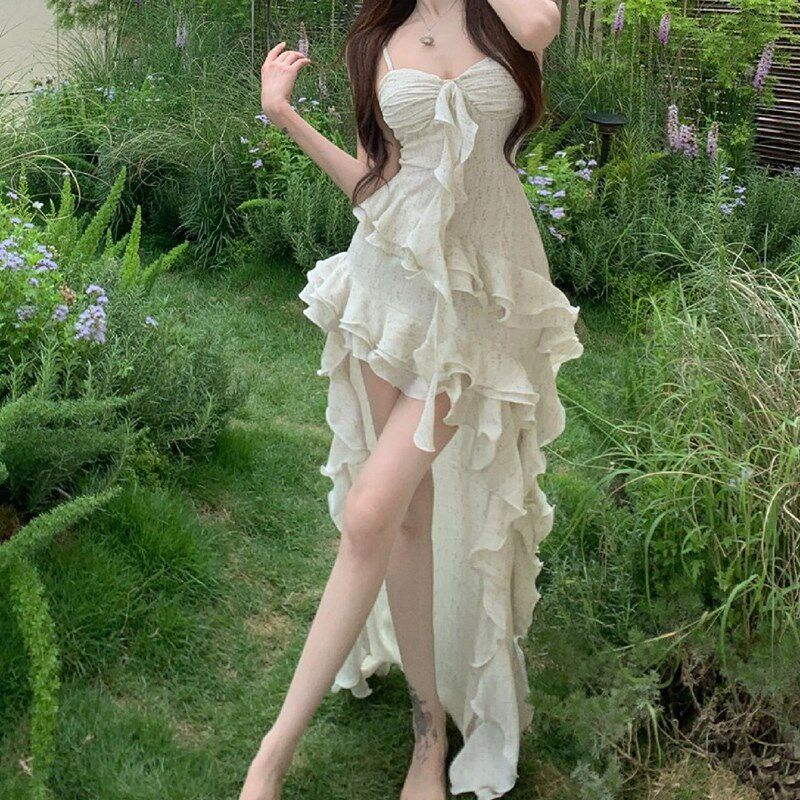 速发大码纯欲风不规则荷叶边收腰吊带连衣裙开衫夏辣妹仙长裙