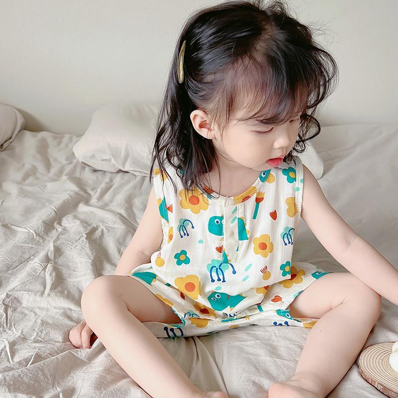 夏季宝宝睡衣婴儿家居服连体衣纯棉纱布儿童无袖睡袍小男女孩睡裙