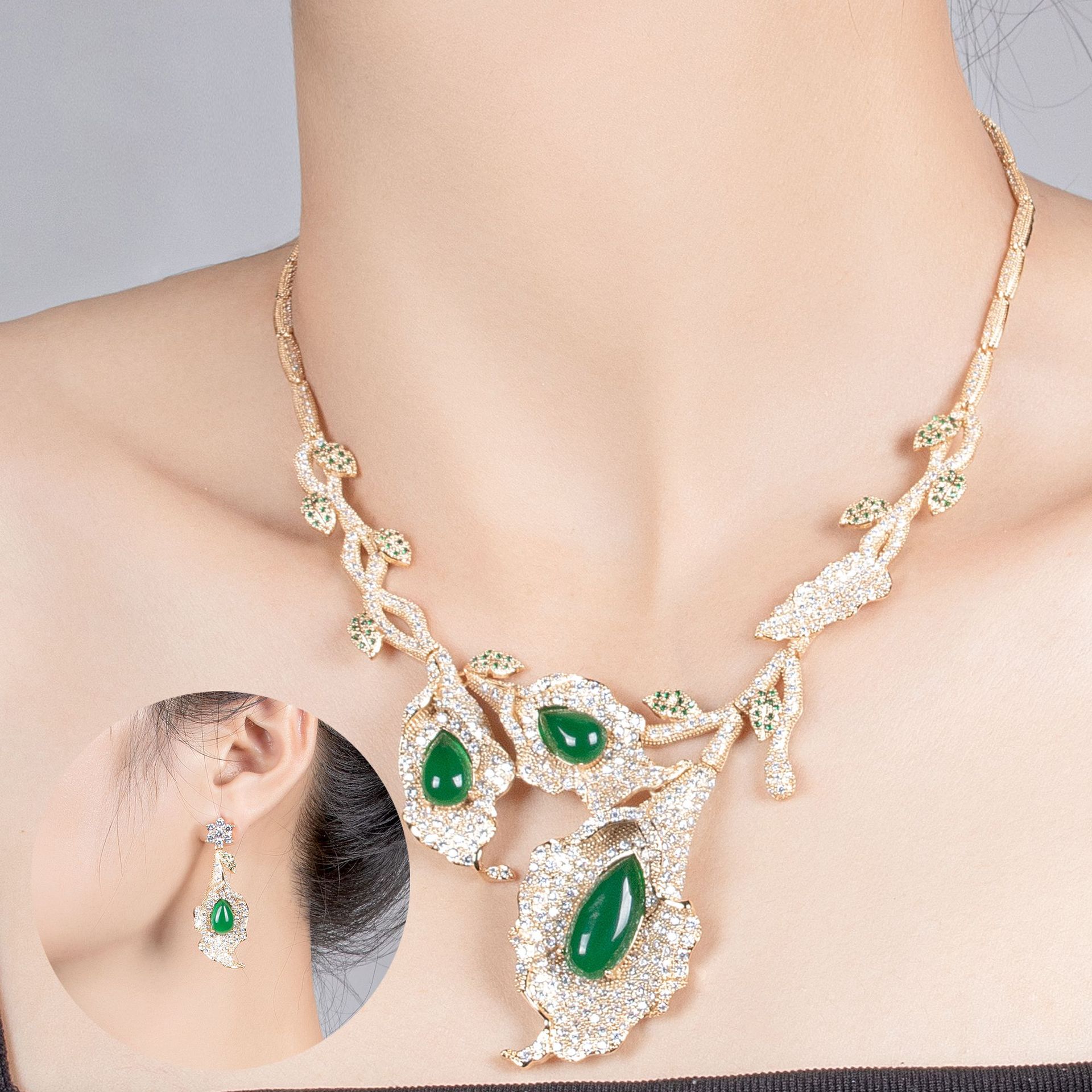 日本品质亮雅丽人欧美时尚奢华新娘锆石项链耳环镶嵌锆石花卉珠宝