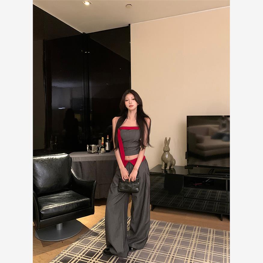 辣妹撞色条纹修身抹胸背心上衣时尚套装女夏季休闲阔腿裤子两件套