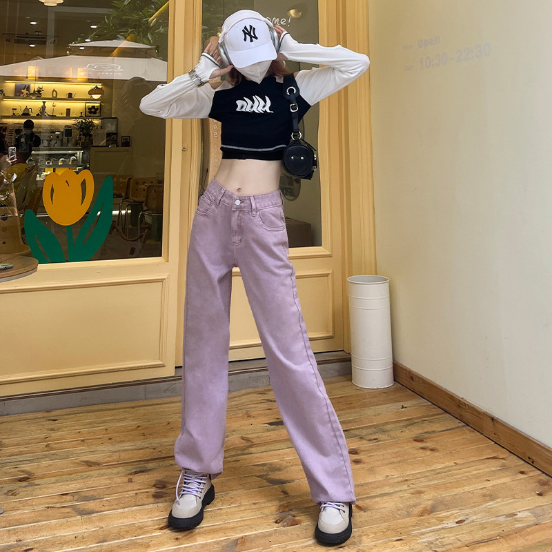 速发紫色阔腿牛仔裤高腰宽松直长202新款小众设计感加筒拖地裤