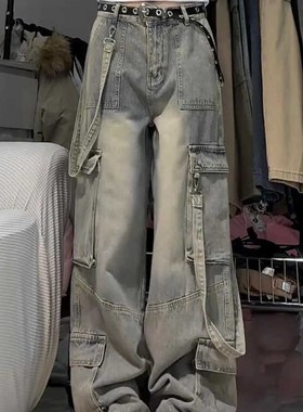 速发大码美式设ibe工装牛仔裤辣妹宽街v计感高腰高松直筒阔腿裤