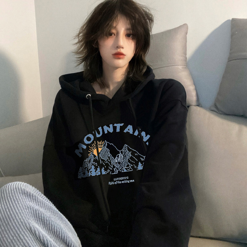 速发日落卫衣加印加厚冬季黑色连帽宽松voersize大码绒花中长款上