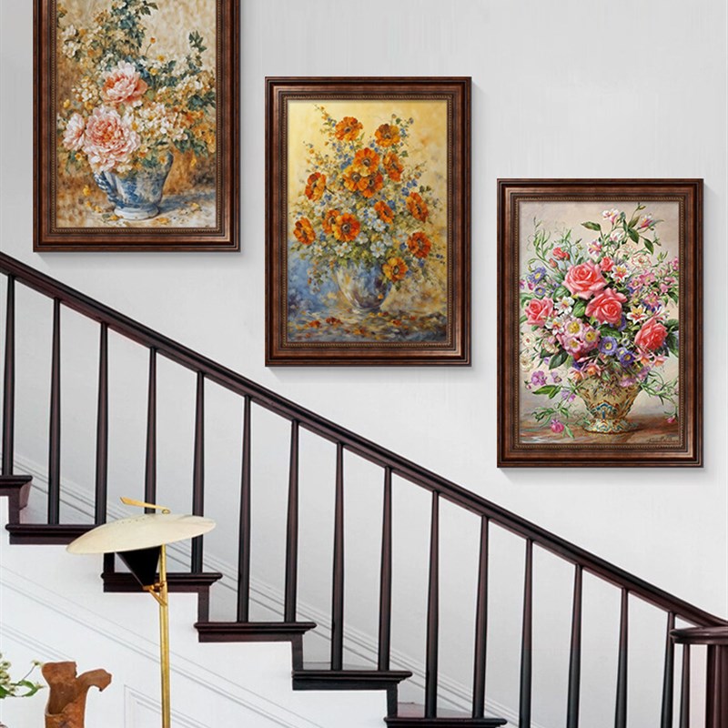速发美式复古油画挂画楼梯间装饰画客厅沙发背景墙花卉壁画欧式三图片