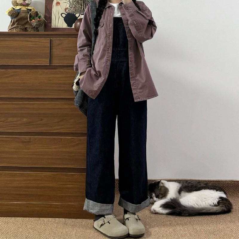 速发深蓝裤牛仔背带裤春秋梨形身材色子大码宽松直筒连体裤