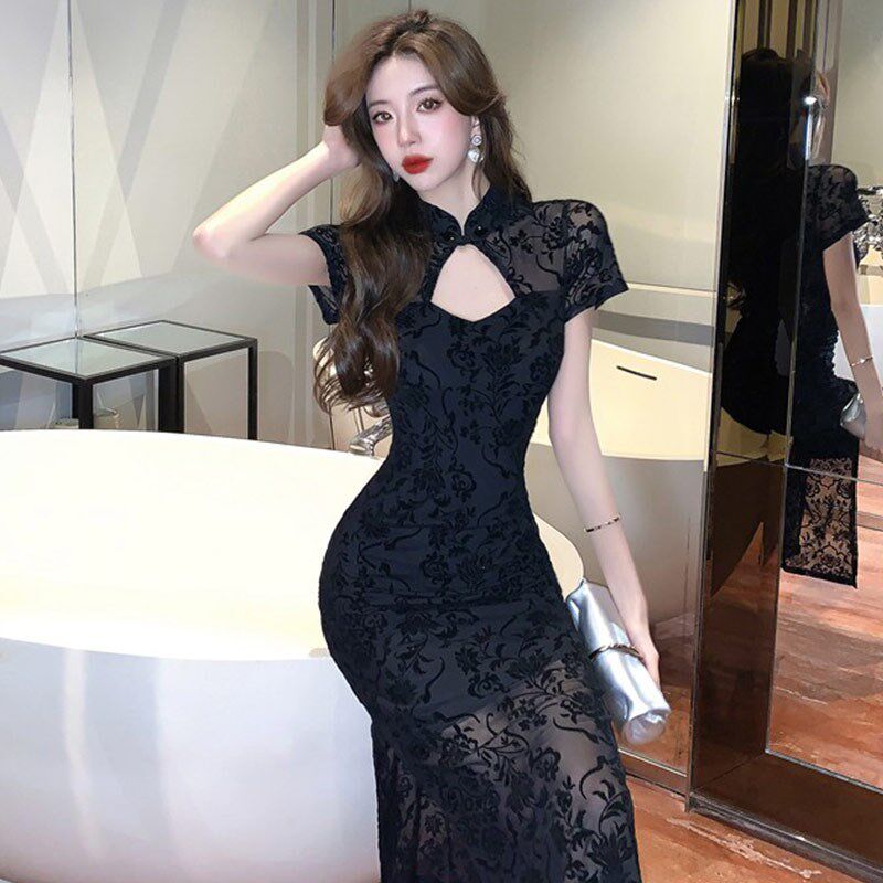速发直播衣服主播上镜年改款少性感黑色网纱镂空版良轻旗袍连衣裙