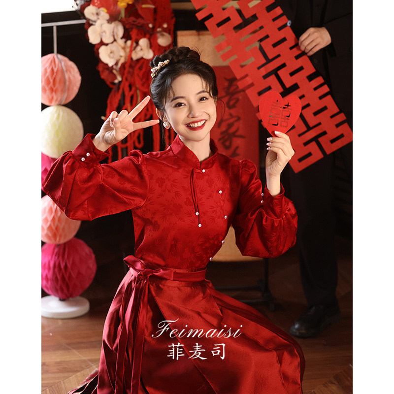 速发中式马面裙敬酒服202新款新娘婚红色套装婚袍酒服出阁宴订旗