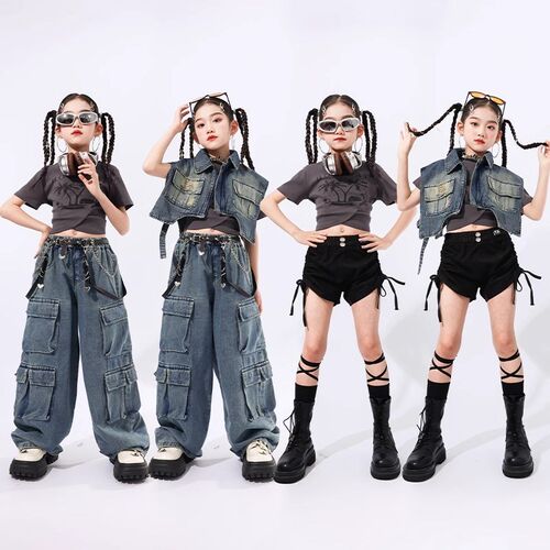 速发孩hiphop爵仔舞儿出服少演嘻哈街舞服装少儿牛士马甲炸街走秀