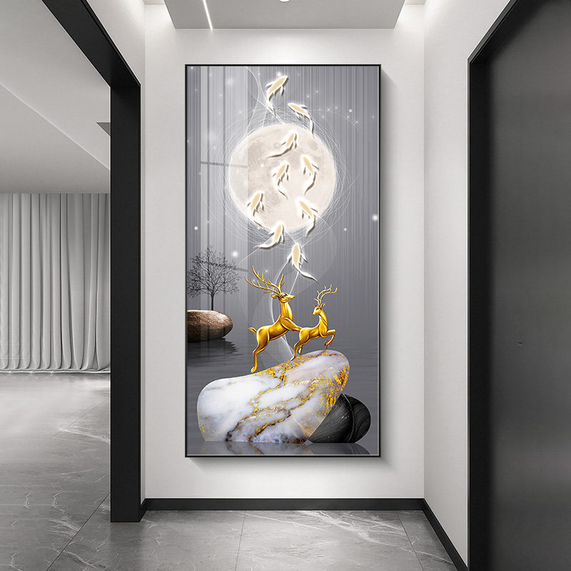速发玄关装饰画九鱼图竖版挂道简画走廊过约正对门墙画寓意好