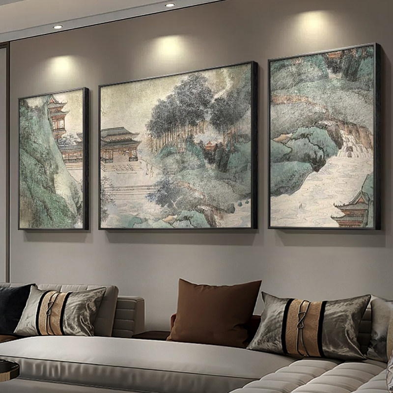 速发新中式三联国画山画画水意客厅装饰画中国风茶室壁禅大气书房
