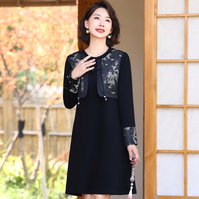 速发中年妈妈复古改良版裙子2花24春中式提0长两件假袖连衣裙