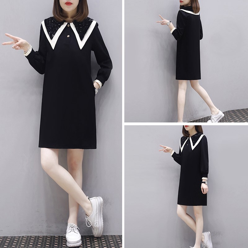 速发春季2025年新款双层领赫本小风黑裙子时尚长袖直筒连衣裙