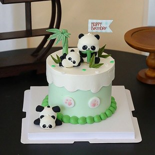速发国宝大熊扮蛋糕装饰摆件竹子装猫宝宝儿童生日快插插旗乐件