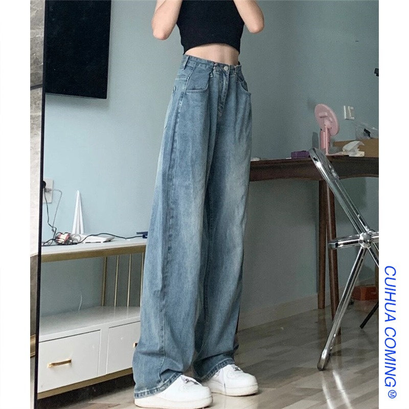 速发复古阔款牛百裤大码宽松春秋新腿仔搭高腰垂感直筒裤子