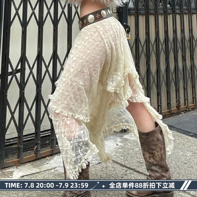 速发Y田 游牧O园民族风蕾丝网纱半身裙复古叠穿轻薄不则规长裙