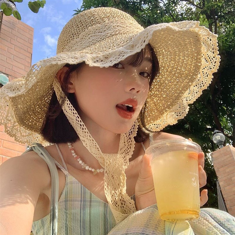 速发跨境蕾丝花边沙滩帽草帽夏季卷边海边镂空遮帽大帽檐
