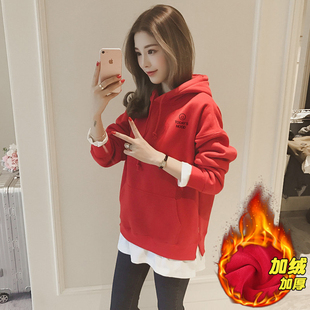 速发纯棉连帽卫衣大码春秋中假两件薄款印双时尚常规口袋款长款花