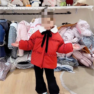 女童红色蝴蝶结棉服冬装2025新款公主风韩版毛领羽绒棉棉袄拜年服