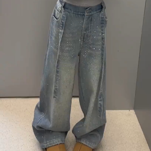 童装女童牛仔裤2025年款满天星烫钻水洗牛仔裤女童一体绒弯刀裤潮