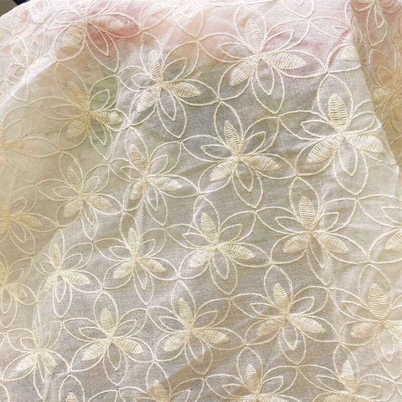 麻棉杏色棉线刺绣蕾丝花边绣花布料 桌布连衣裙上衣童装现货面料