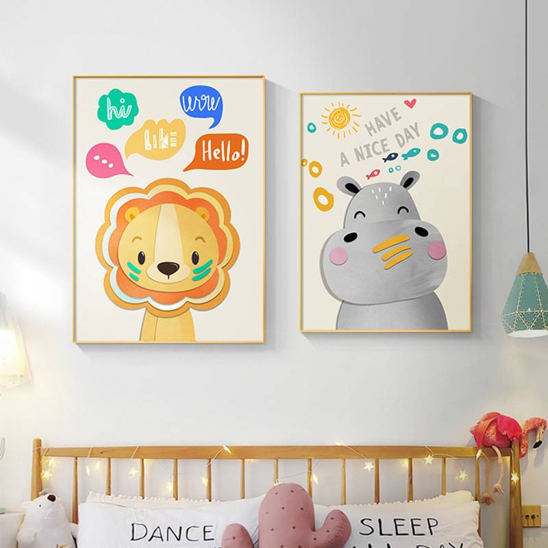 儿童房装饰画卡通动物男孩女孩床头壁画现代简约民宿卧室房间挂画图片