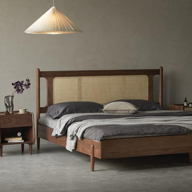 9V7F76THM55/黑胡床桃全实木床藤编床复古软包单T双人床架中新式