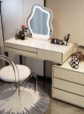 2025油风岩板实木梳妆台床柜一体头网红伸室缩76005化妆台卧现代